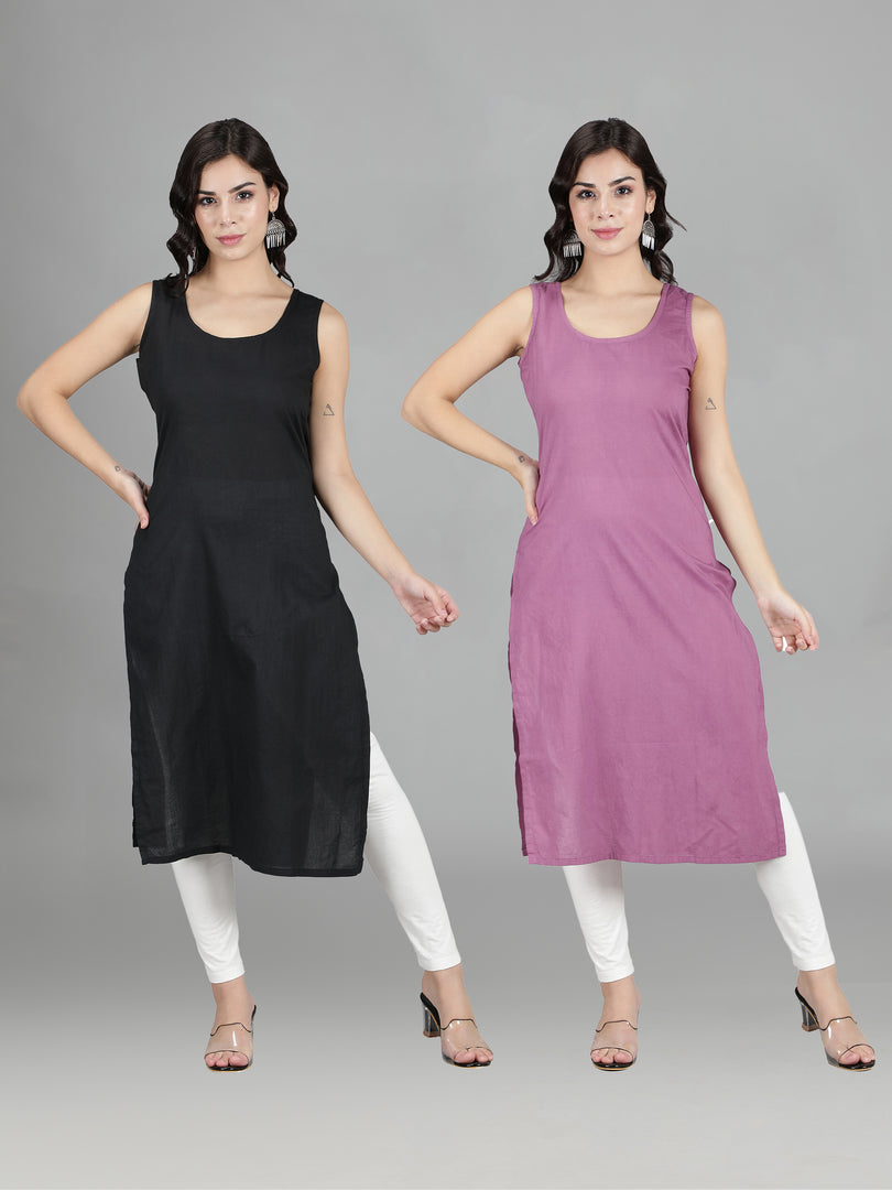 Seva Chikan Cotton Long Slips Combo Of Black (Pack of 2)