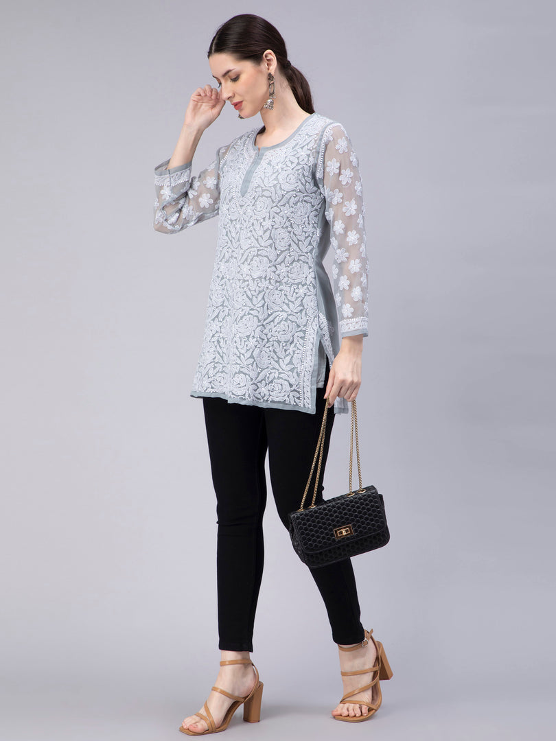 Seva Chikan Hand Embroidered Georgette Lucknowi Chikan Top With Slip