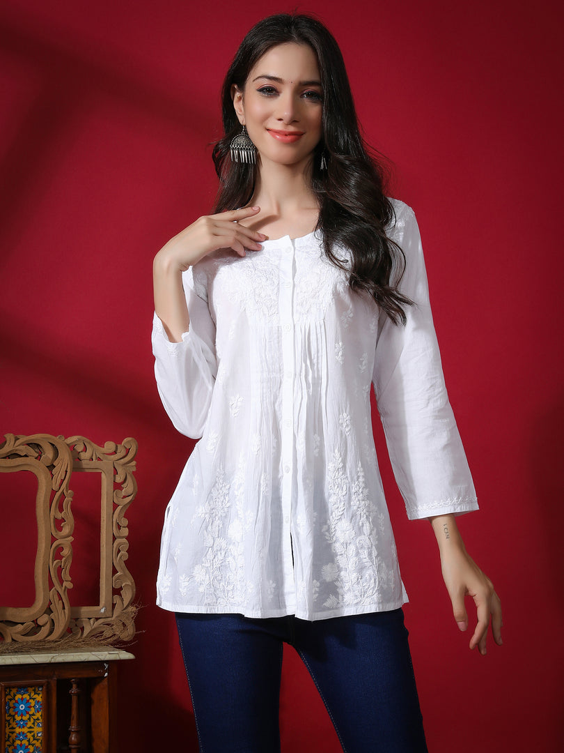 Seva Chikan Hand Embroidered White Cotton Lucknowi Chikan Top-SCL9049