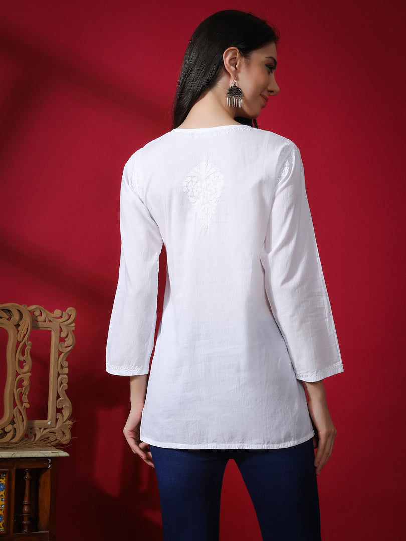 Seva Chikan Hand Embroidered White Cotton Lucknowi Chikan Top-SCL9049