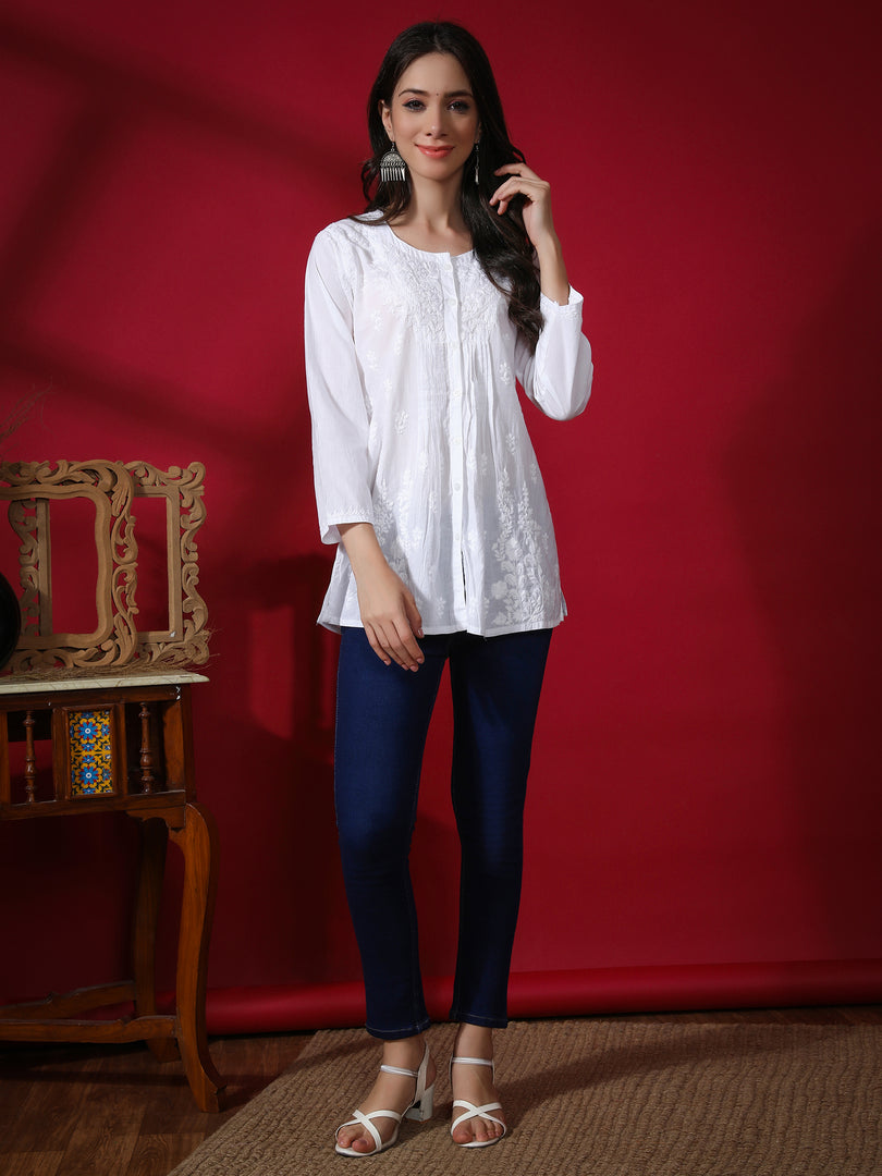 Seva Chikan Hand Embroidered White Cotton Lucknowi Chikan Top-SCL9049