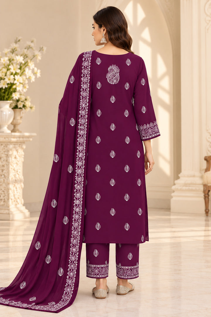 Seva Chikan Hand Embroidered Wine Georgette  Lucknowi Chikankari Unstitched Suit Piece-SEV15040