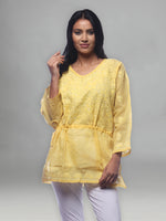 Load image into Gallery viewer, Seva Chikan Hand Embroidered Yellow Cotton Lucknowi Chikankari Short Top-SCL0186
