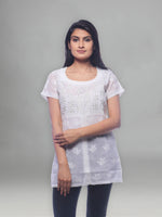 Load image into Gallery viewer, Seva Chikan Hand Embroidered White Cotton Lucknowi Chikankari Short Top With Silver Zari Work-SCL0188