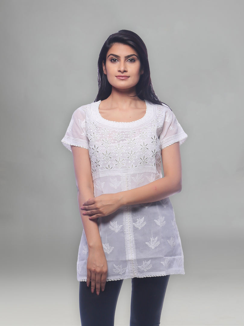 Seva Chikan Hand Embroidered White Cotton Lucknowi Chikankari Short Top With Silver Zari Work-SCL0188
