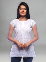 Load image into Gallery viewer, Seva Chikan Hand Embroidered White Cotton Lucknowi Chikankari Short Top-SCL0190