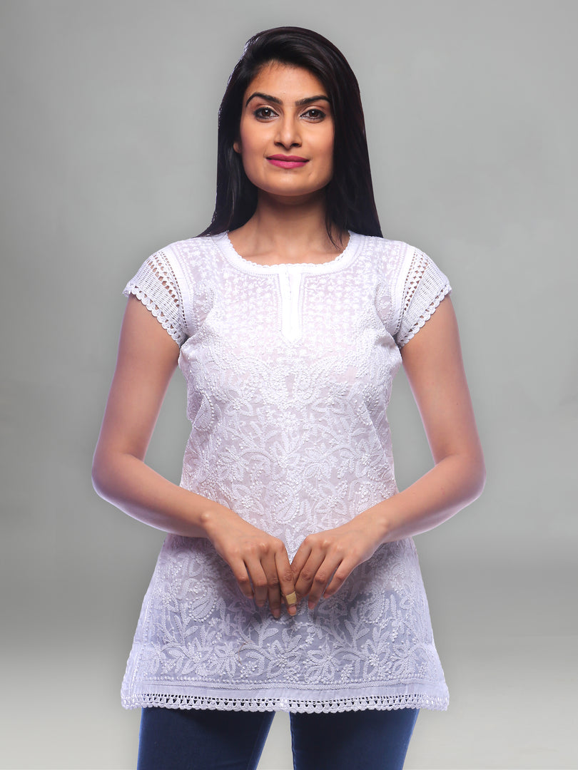 Seva Chikan Hand Embroidered White Cotton Lucknowi Chikankari Short Top-SCL0190