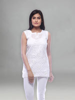 Load image into Gallery viewer, Seva Chikan Hand Embroidered White Cotton Lucknowi Chikankari Short Top With Sequins Work-SCL0191
