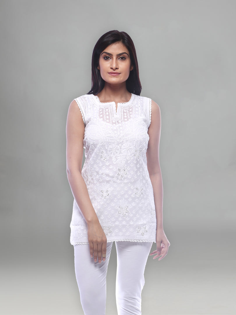 Seva Chikan Hand Embroidered White Cotton Lucknowi Chikankari Short Top With Sequins Work-SCL0191