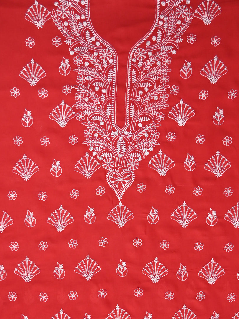 Seva Chikan Hand Embroidered Red Cotton Lucknowi Chikankari Unstitched Suit Piece-SCL13052