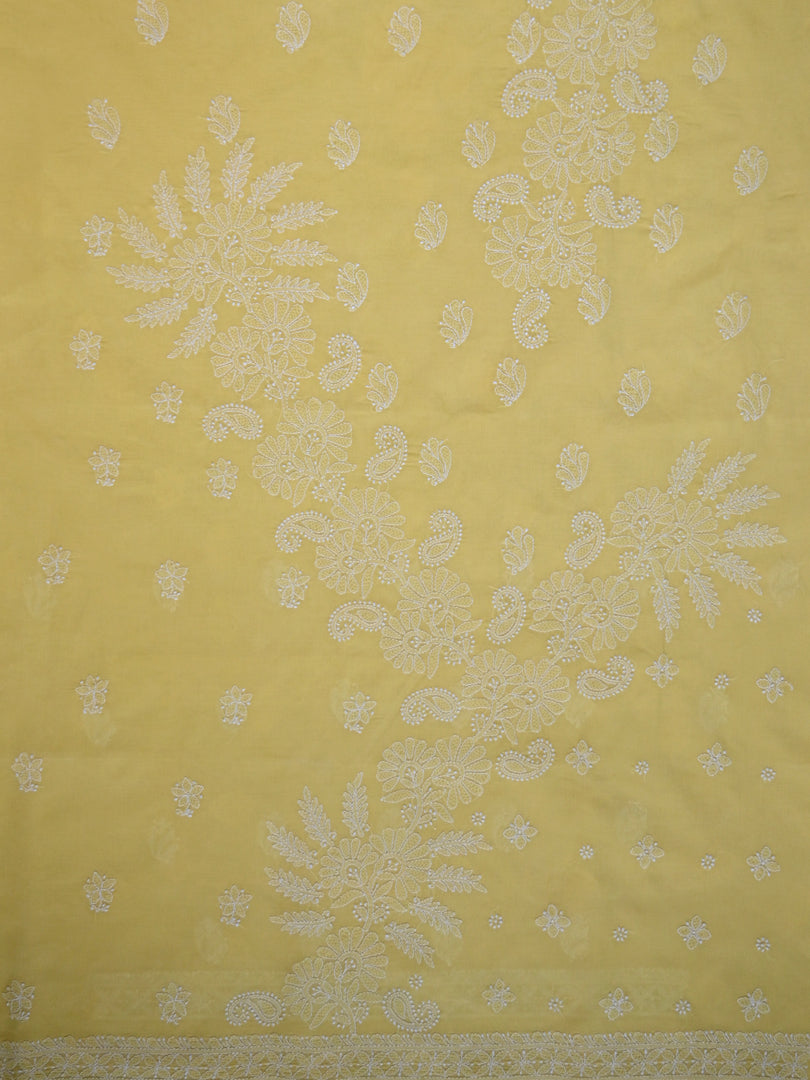 Seva Chikan Hand Embroidered Yellow Terivoil Cotton Lucknowi Chikankari Unstitched Suit Piece-SCL13012