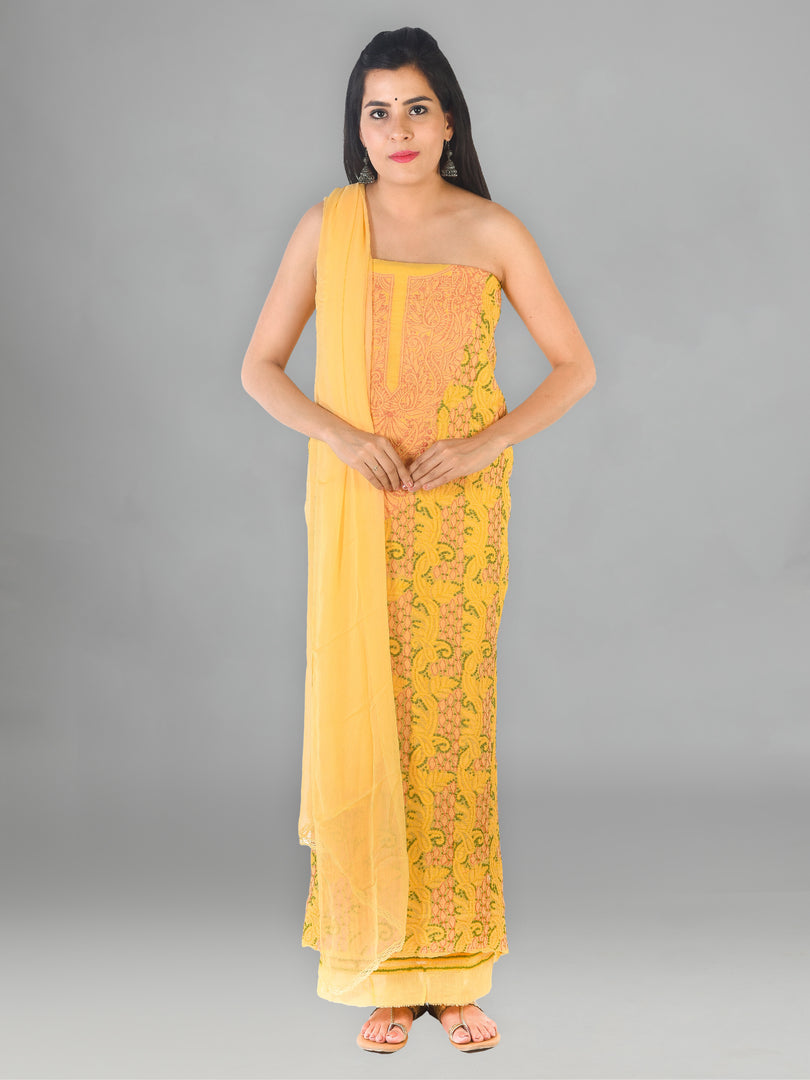 Seva Chikan Hand Embroidered Yellow Cotton Lucknowi Chikankari Unstitched Suit Piece-SCL1684