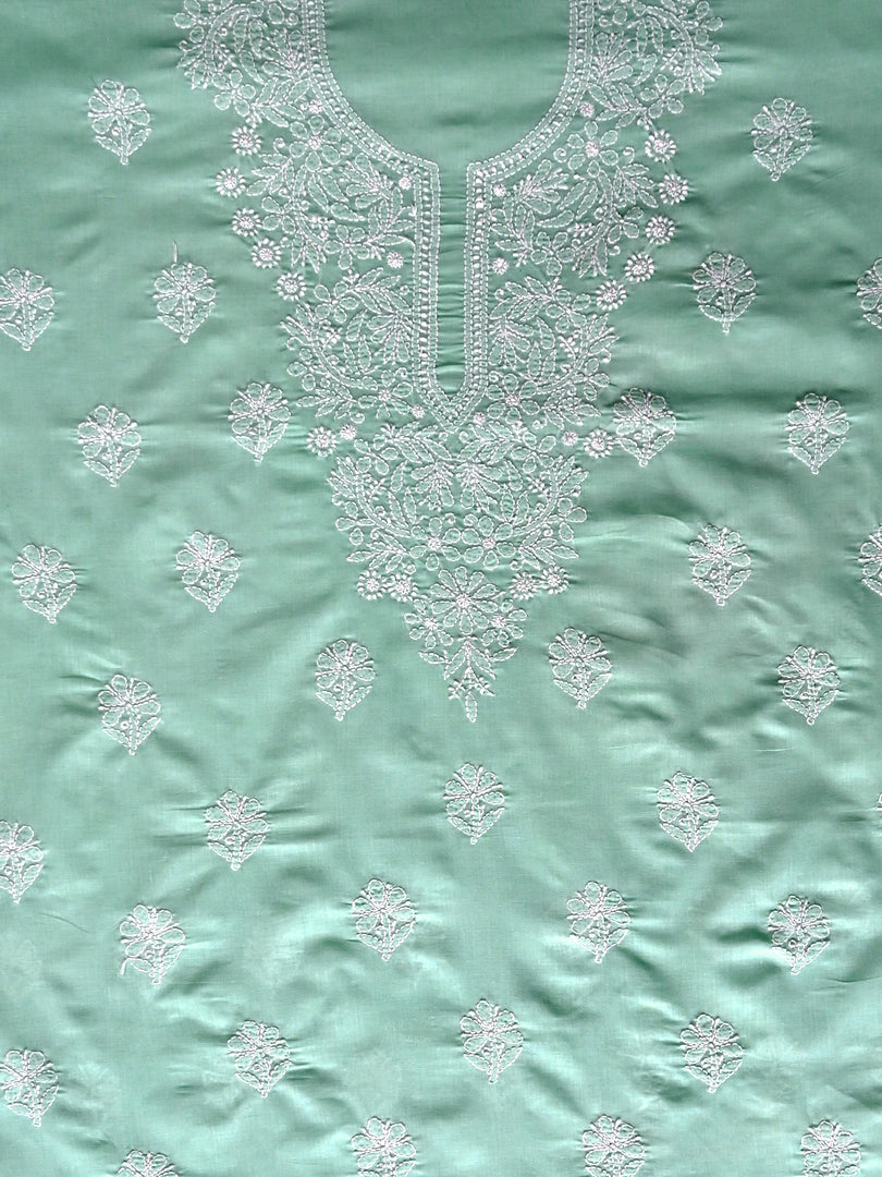 Seva Chikan Hand Embroidered Sage Green Cotton Lucknowi Chikankari Unstitched Suit Piece-SCL13066