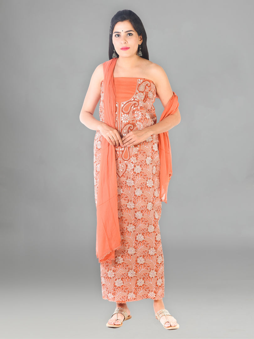 Seva Chikan Hand Embroidered Orange Cotton Lucknowi Chikan Unstitched Suit Piece-SCL1642