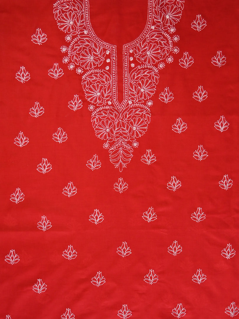 Seva Chikan Hand Embroidered Red Cotton Lucknowi Chikankari Unstitched Suit Piece-SCL13079