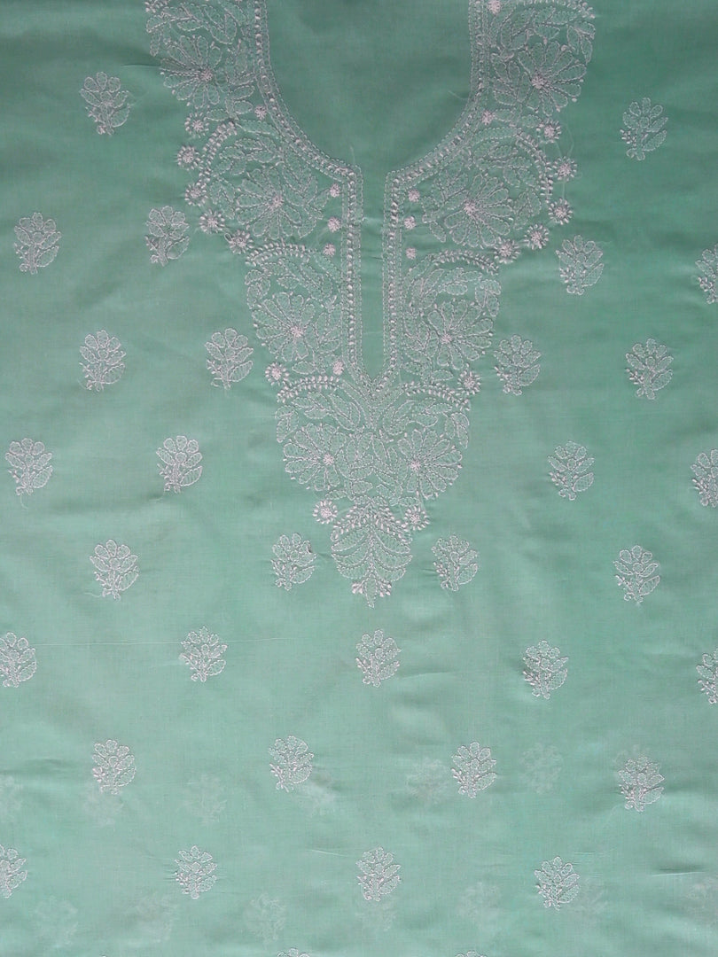 Seva Chikan Hand Embroidered Sage Green Cotton Lucknowi Chikankari Unstitched Suit Piece-SCL13080