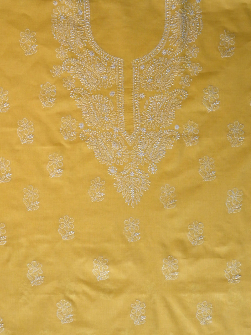 Seva Chikan Hand Embroidered Yellow Cotton Lucknowi Chikankari Unstitched Suit Piece-SCL13058