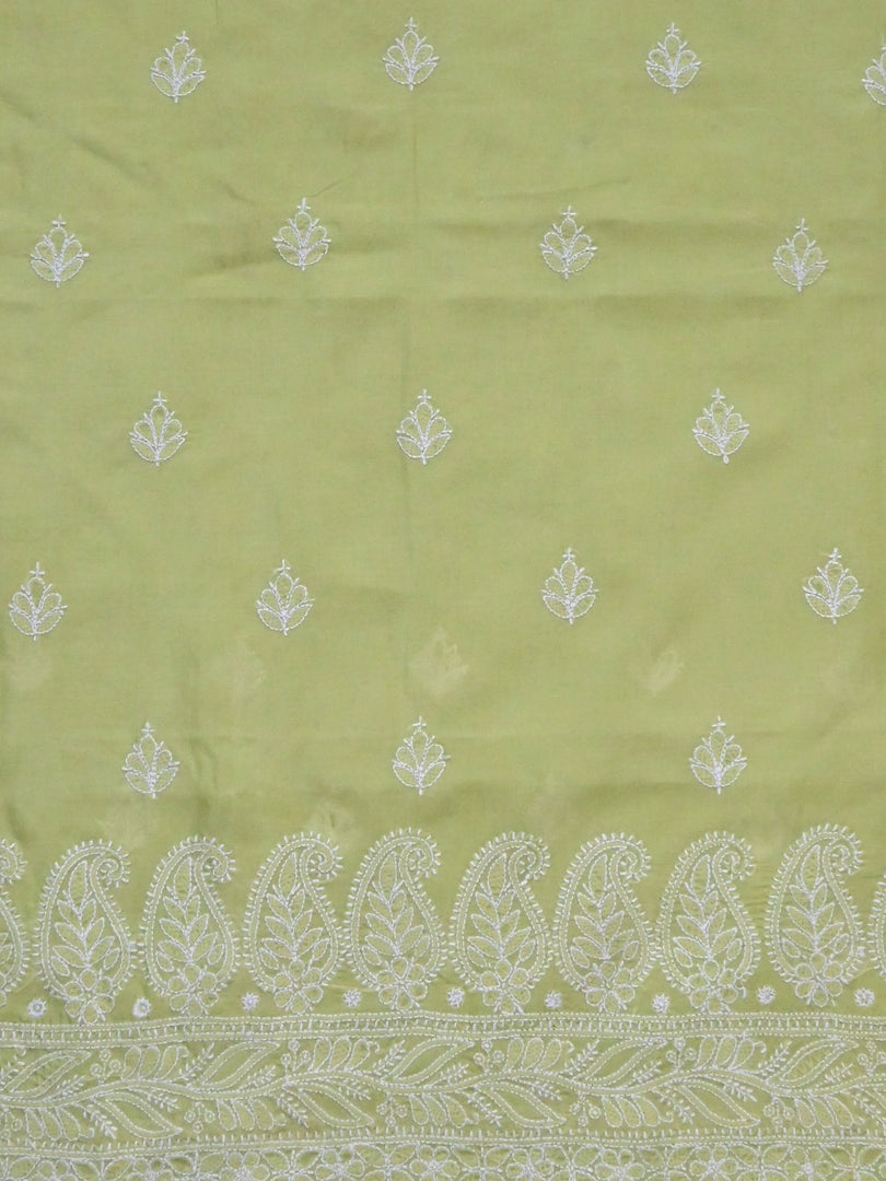 Seva Chikan Hand Embroidered Green Terivoil Cotton Lucknowi Chikankari Unstitched Suit Piece-SCL13029