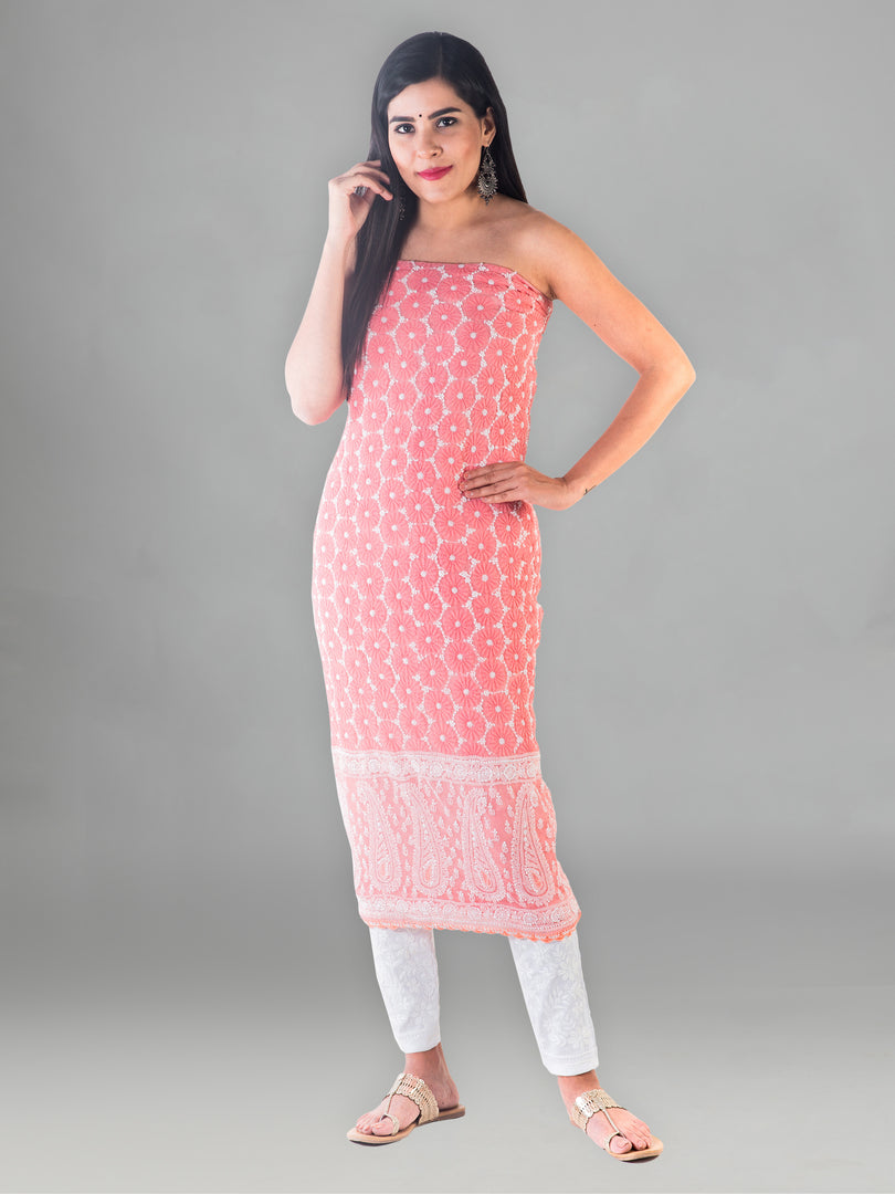 Seva Chikan Hand Embroidered Peach Georgette Lucknowi Chikankari Unstitched Suit Piece-SCL1594