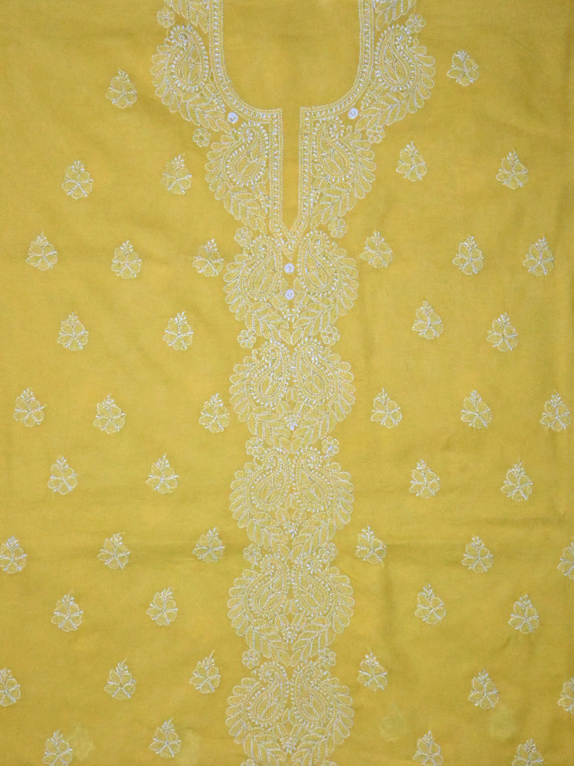 Seva Chikan Hand Embroidered Yellow Terivoil Cotton Lucknowi Chikankari Unstitched Suit Piece-SCL13026