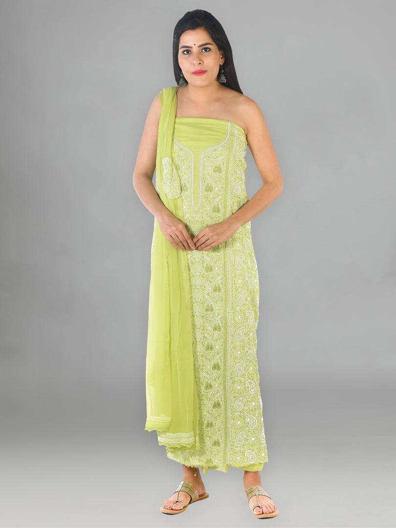 Seva Chikan Hand Embroidered Light Green Cotton Lucknowi Chikankari Unstitched Suit Piece-SCL1647