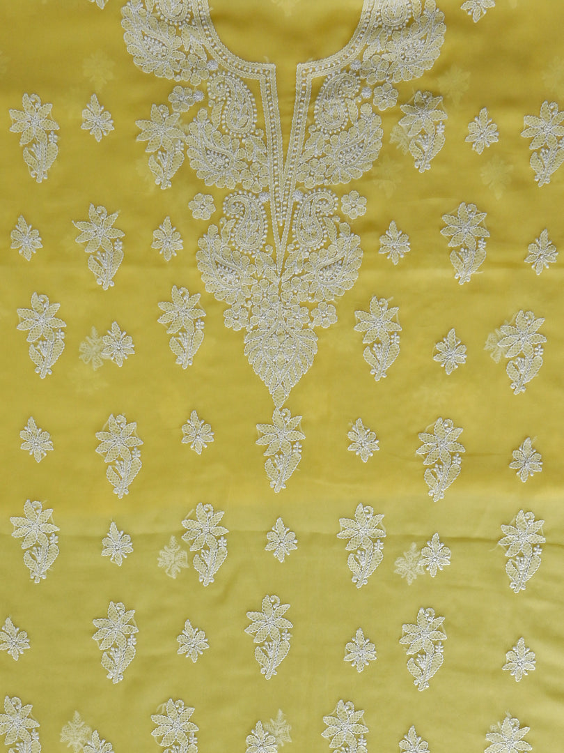 Seva Chikan Hand Embroidered Yellow Georgette Lucknowi Chikankari Unstitched Suit Piece-SCL13126