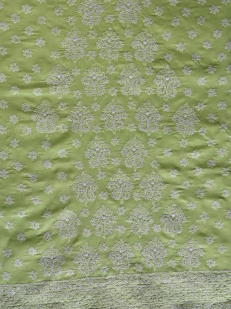 Seva Chikan Hand Embroidered Pista Green Cotton Lucknowi Chikankari Unstitched Suit Piece-SCL13097