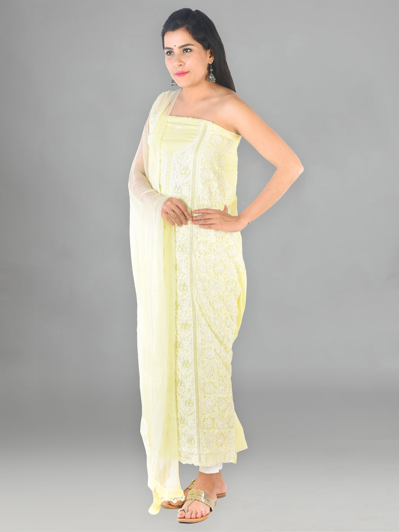 Seva Chikan Hand Embroidered Lemon Cotton Lucknowi Chikankari Unstitched Suit Piece-SCL1653
