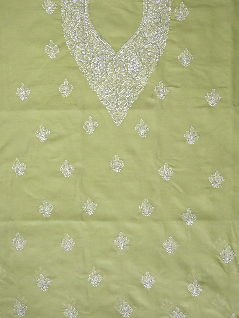 Seva Chikan Hand Embroidered Green Terivoil Cotton Lucknowi Chikankari Unstitched Suit Piece-SCL13043