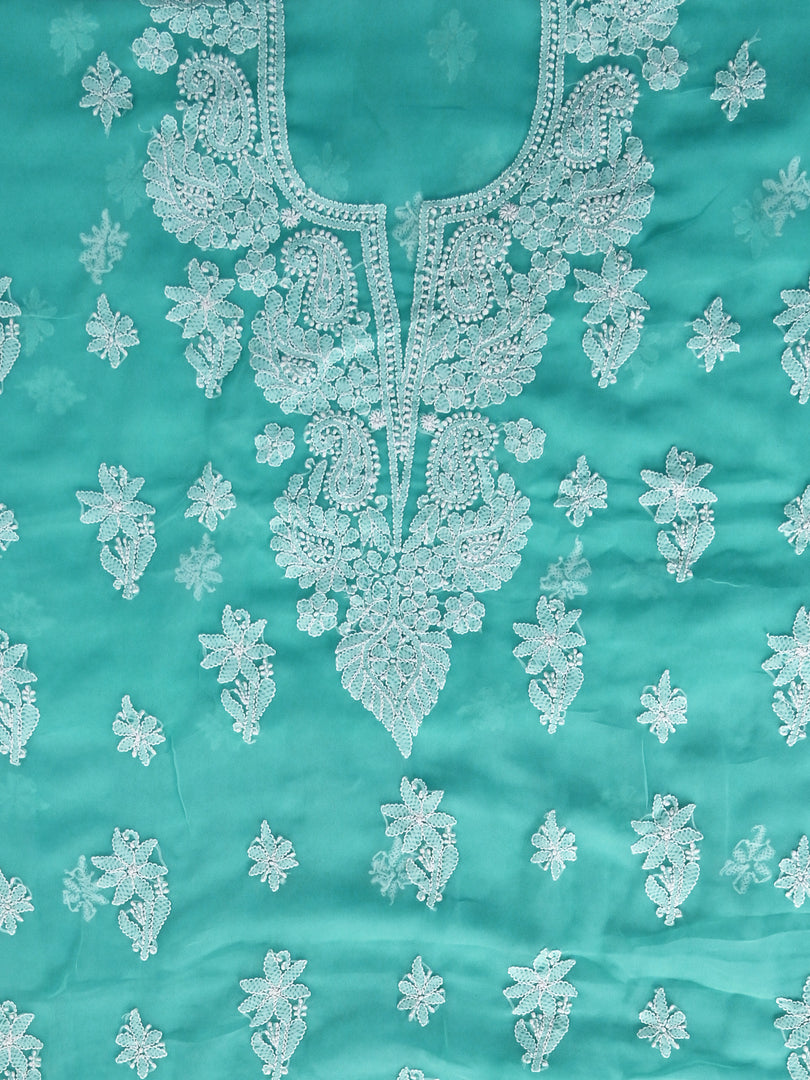 Seva Chikan Hand Embroidered Sea Green Georgette Lucknowi Chikankari Unstitched Suit Piece-SCL13128