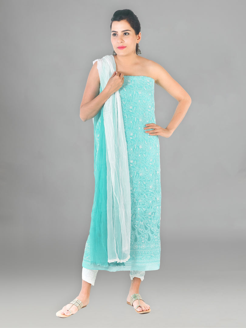 Seva Chikan Hand Embroidered Turquoise Cotton Lucknowi Chikankari Unstitched Suit Piece-SCL1678