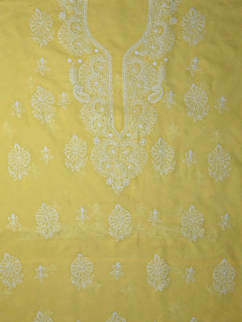 Seva Chikan Hand Embroidered Yellow Terivoil Cotton Lucknowi Chikankari Unstitched Suit Piece-SCL13032