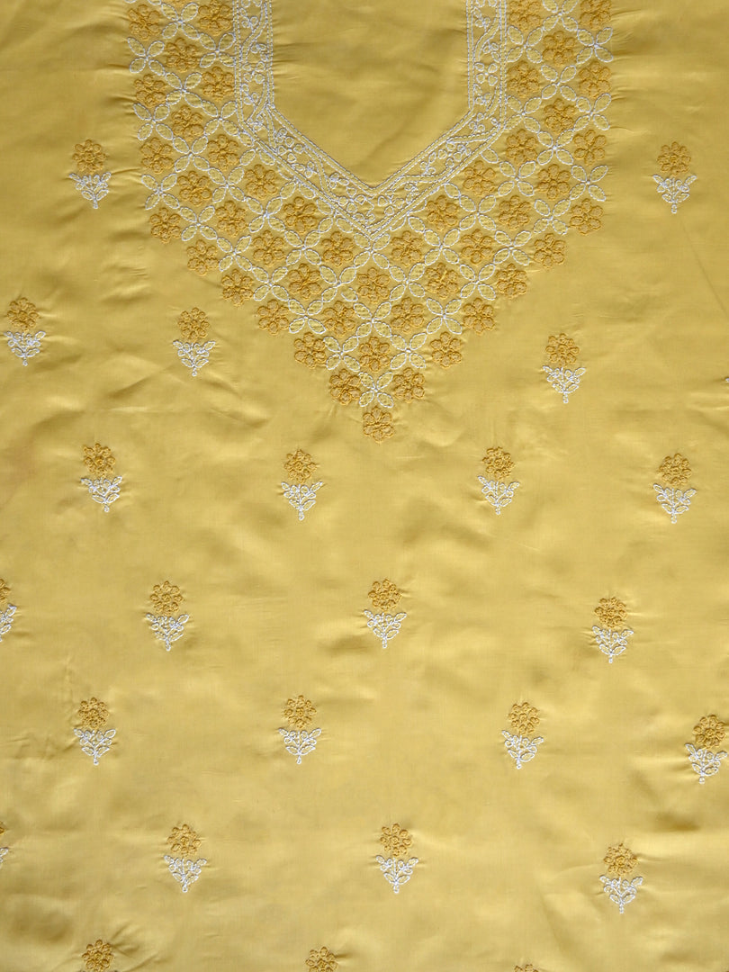 Seva Chikan Hand Embroidered Yellow Terivoil Cotton Lucknowi Chikankari Unstitched Suit Piece-SCL13016