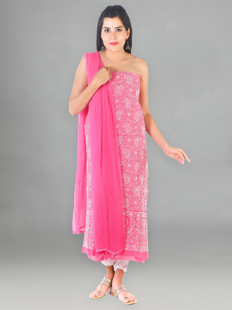 Seva Chikan Hand Embroidered Pink Cotton Lucknowi Chikankari Unstitched Suit Piece-SCL1682