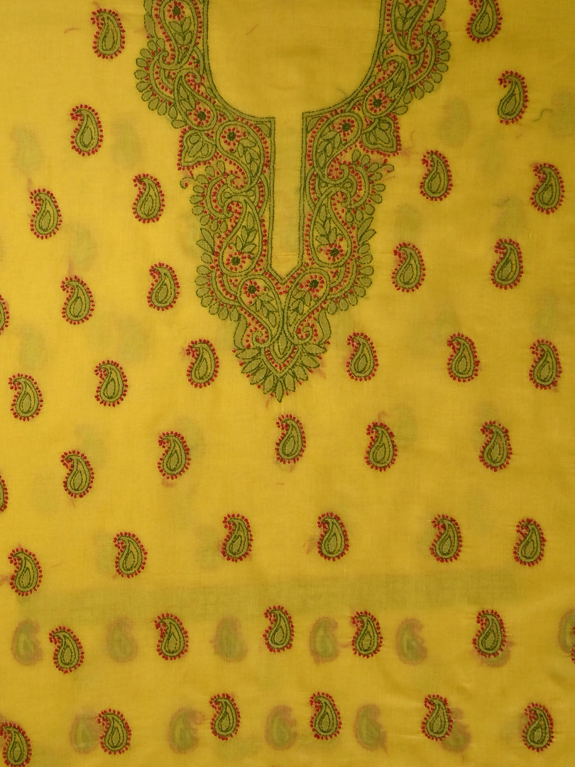 Seva Chikan Hand Embroidered Yellow Cotton Lucknowi Chikankari Unstitched Suit Piece-SCL13109