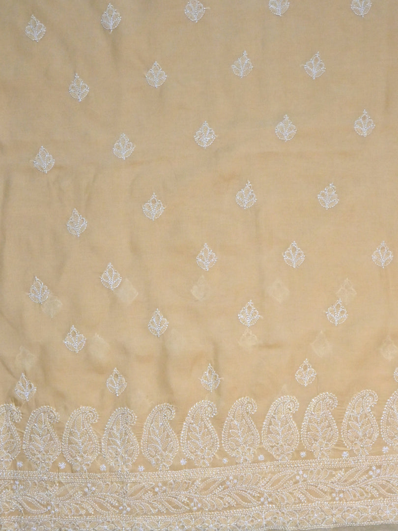 Seva Chikan Hand Embroidered Beige Terivoil Cotton Lucknowi Chikankari Unstitched Suit Piece-SCL13027