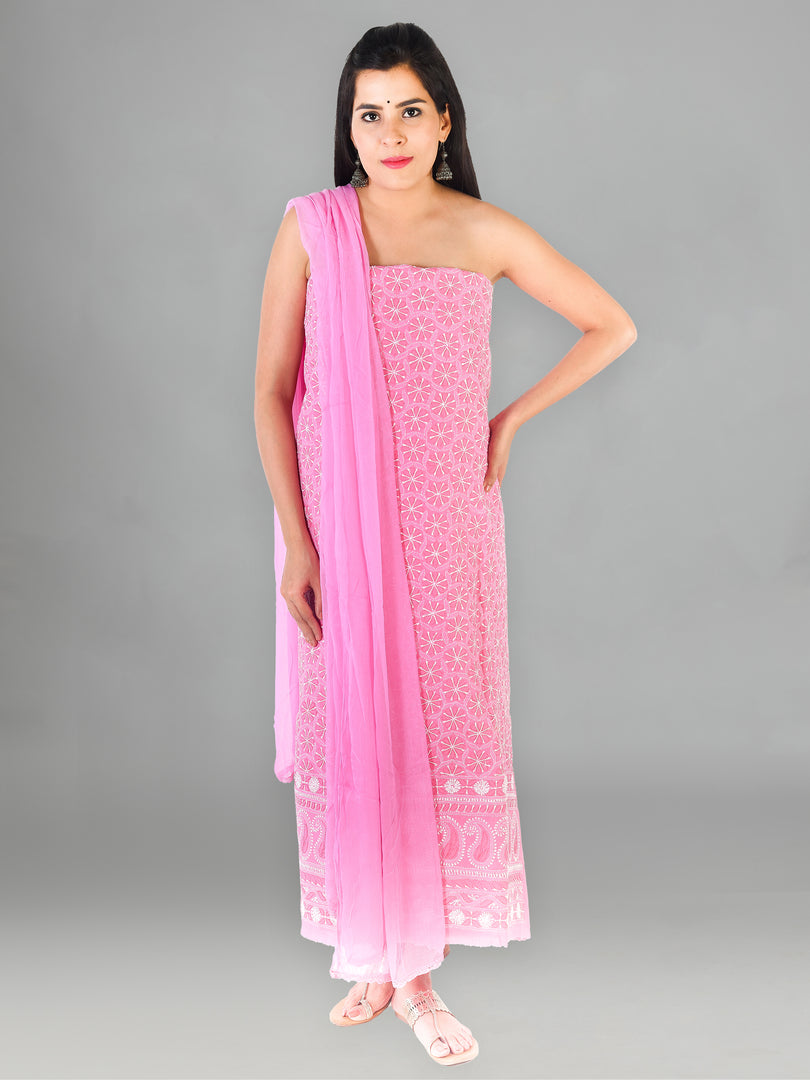 Seva Chikan Hand Embroidered Pink Cotton Lucknowi Chikankari Unstitched Suit Piece-SCL1687