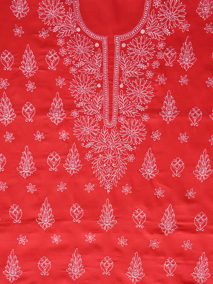 Seva Chikan Hand Embroidered Red Cotton Lucknowi Chikankari Unstitched Suit Piece-SCL13049