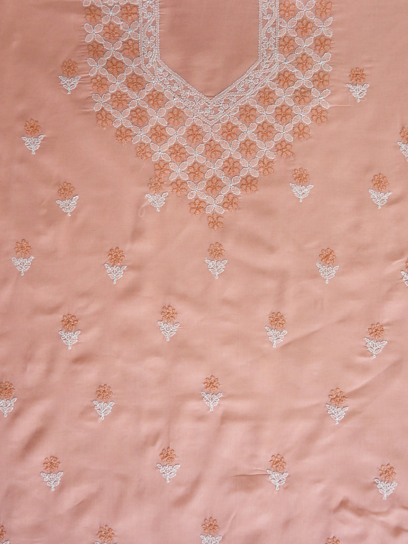 Seva Chikan Hand Embroidered Peach Terivoil Cotton Lucknowi Chikankari Unstitched Suit Piece-SCL13038