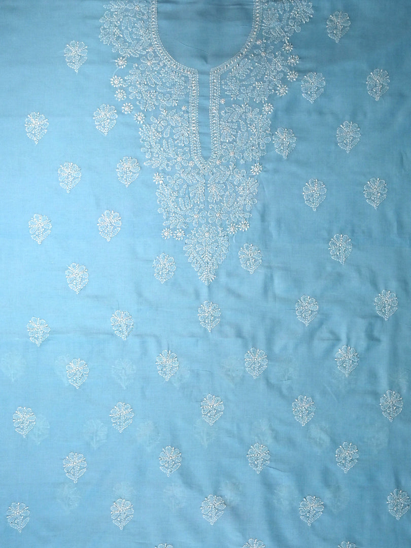 Seva Chikan Hand Embroidered Blue Cotton Lucknowi Chikankari Unstitched Suit Piece-SCL13067