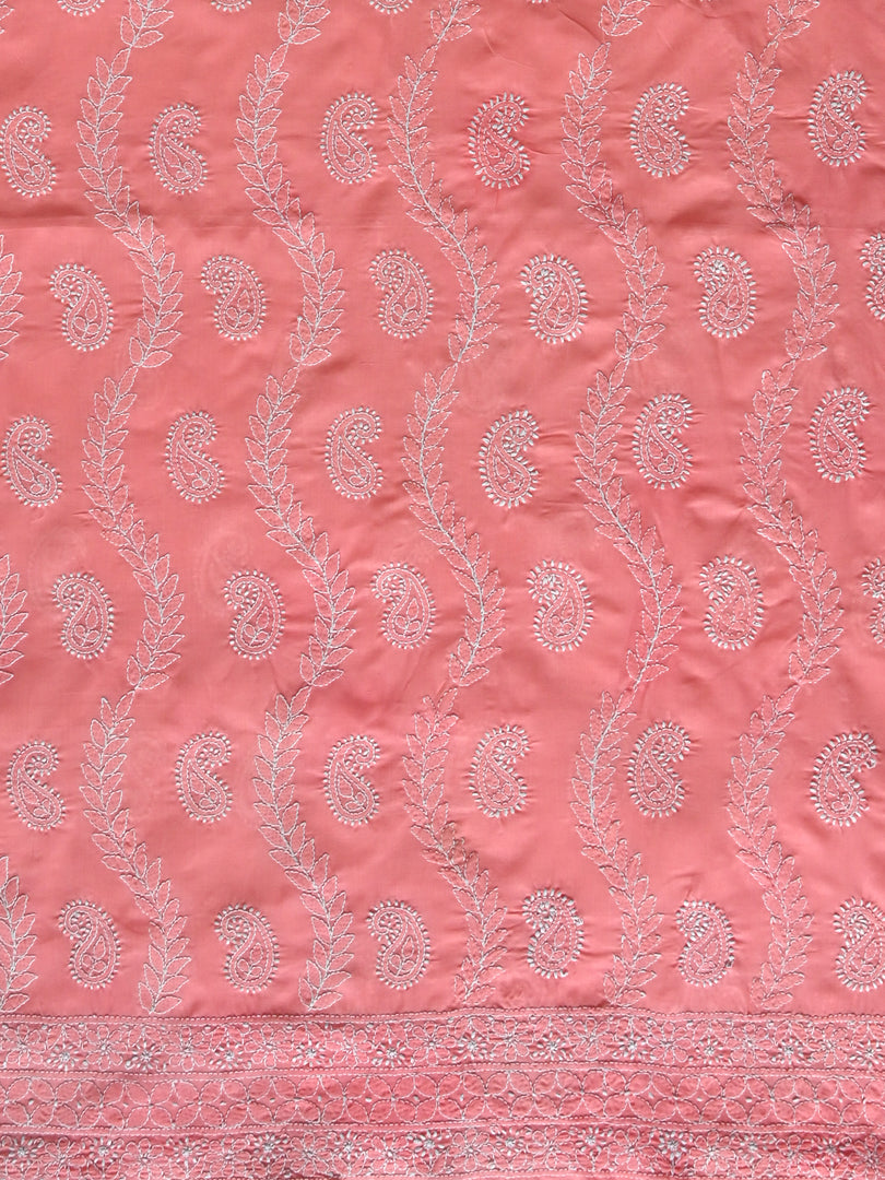 Seva Chikan Hand Embroidered Peach Cotton Lucknowi Chikankari Unstitched Suit Piece-SCL13091