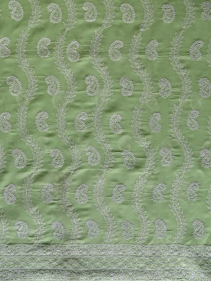 Seva Chikan Hand Embroidered Light Green Cotton Lucknowi Chikankari Unstitched Suit Piece-SCL13090