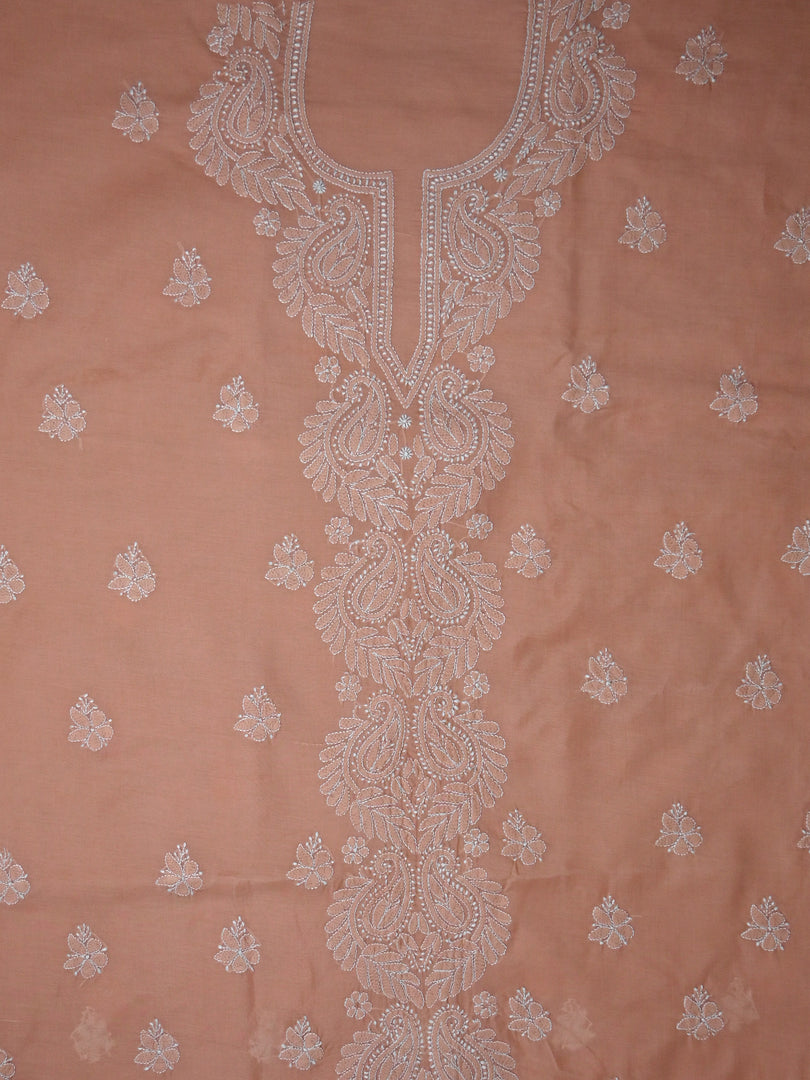 Seva Chikan Hand Embroidered Appricot Peach Terivoil Cotton Lucknowi Chikankari Unstitched Suit Piece-SCL13025