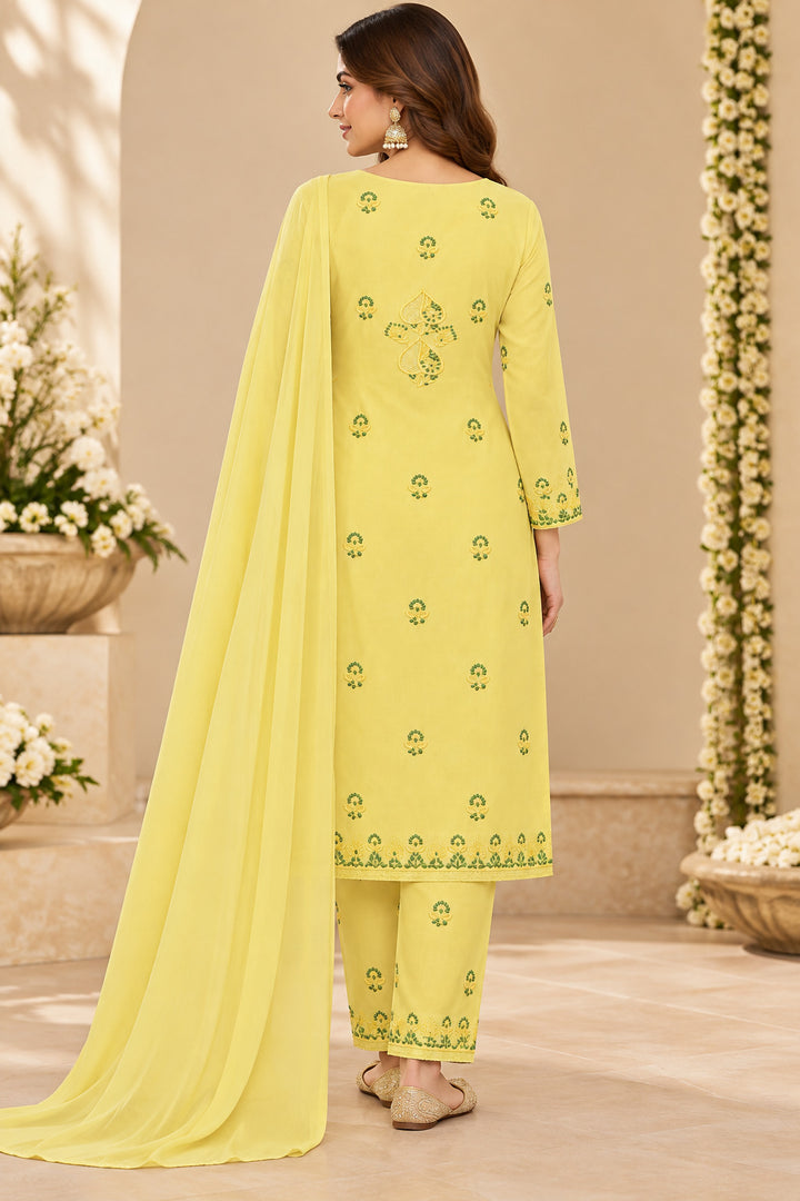 Seva Chikan Hand Embroidere Lemon Terivoil Cotton Lucknowi Chikankari Unstitched Suit Piece-SEV15015