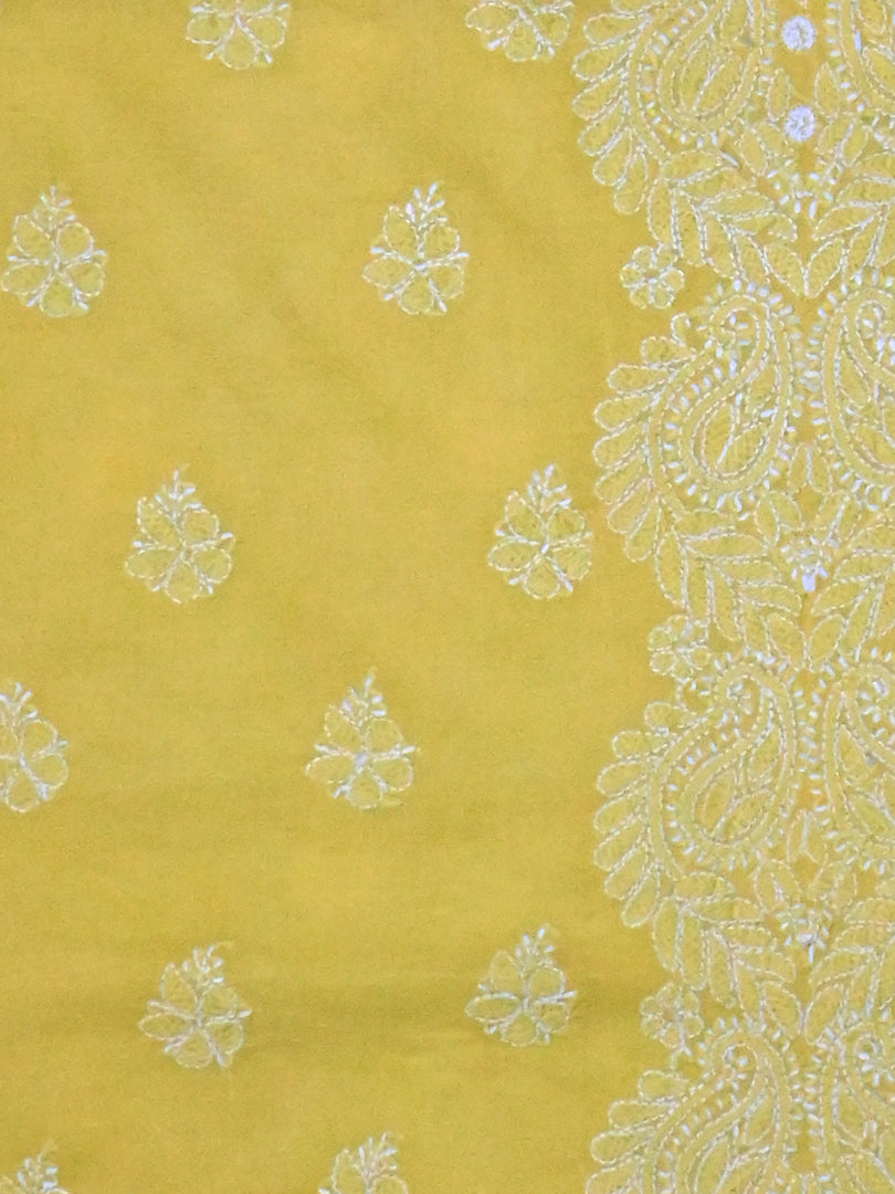 Seva Chikan Hand Embroidered Yellow Terivoil Cotton Lucknowi Chikankari Unstitched Suit Piece-SCL13026