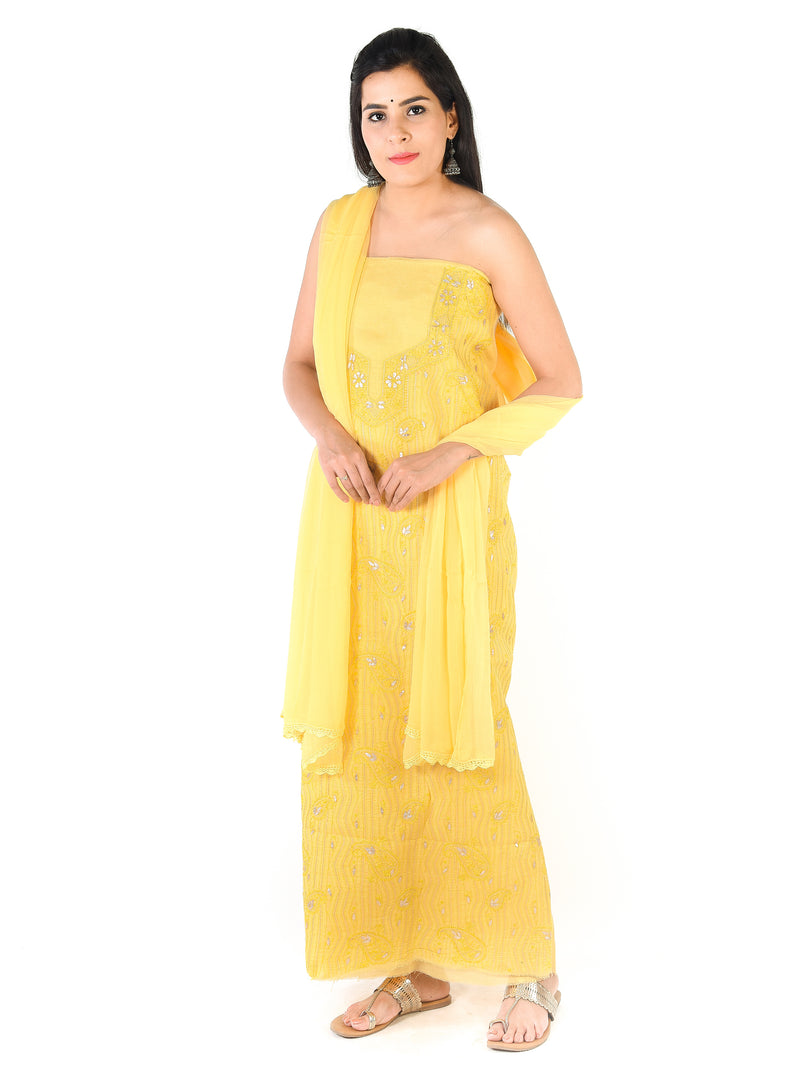Seva Chikan Hand Embroidered Yellow Cotton Lucknowi Chikankari Unstitched Suit Piece-SCL1638