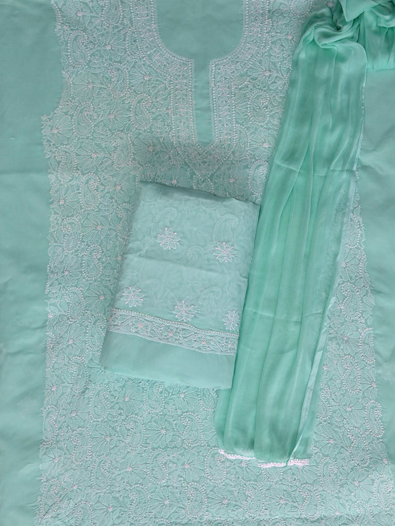 Seva Chikan Hand Embroidered Sea Green Terivoil Cotton Lucknowi Chikankari Unstitched Suit Piece-SCL13020