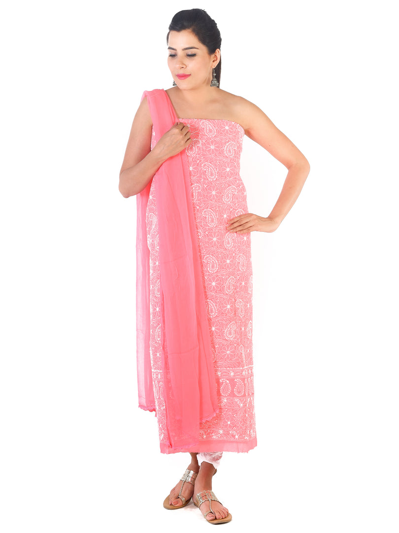 Seva Chikan Hand Embroidered Pink Cotton Lucknowi Chikankari Unstitched Suit Piece-SCL1695