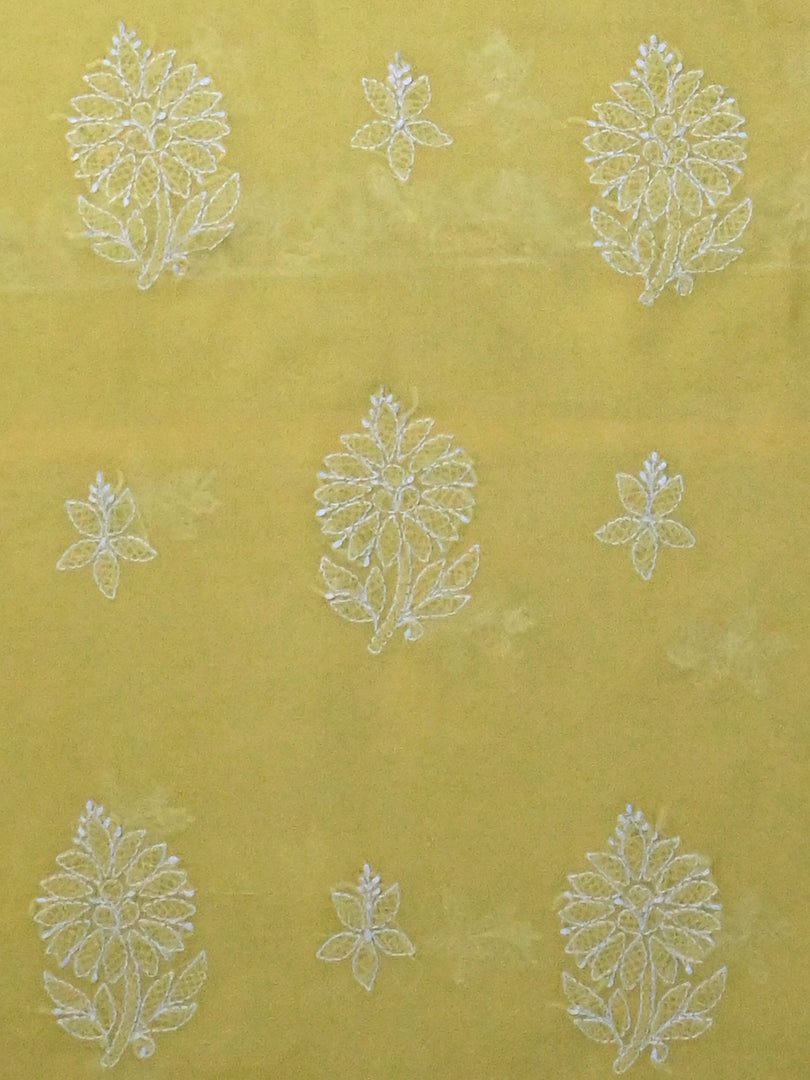 Seva Chikan Hand Embroidered Yellow Terivoil Cotton Lucknowi Chikankari Unstitched Suit Piece-SCL13032