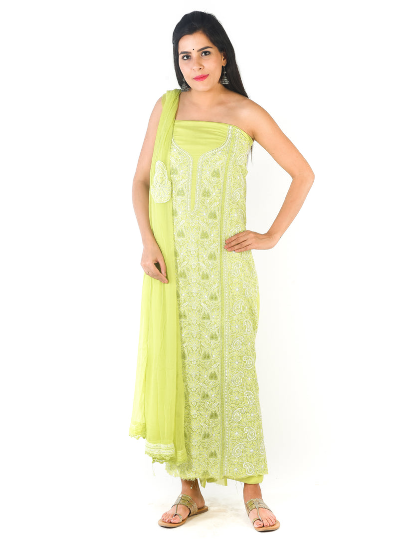 Seva Chikan Hand Embroidered Light Green Cotton Lucknowi Chikankari Unstitched Suit Piece-SCL1647